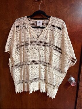 CAbi Crochet Openwork Tunic Top - Cream
